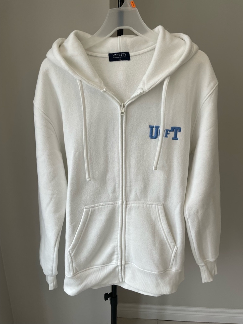 Varsity White Full-Zip Hoodie with Navy Label